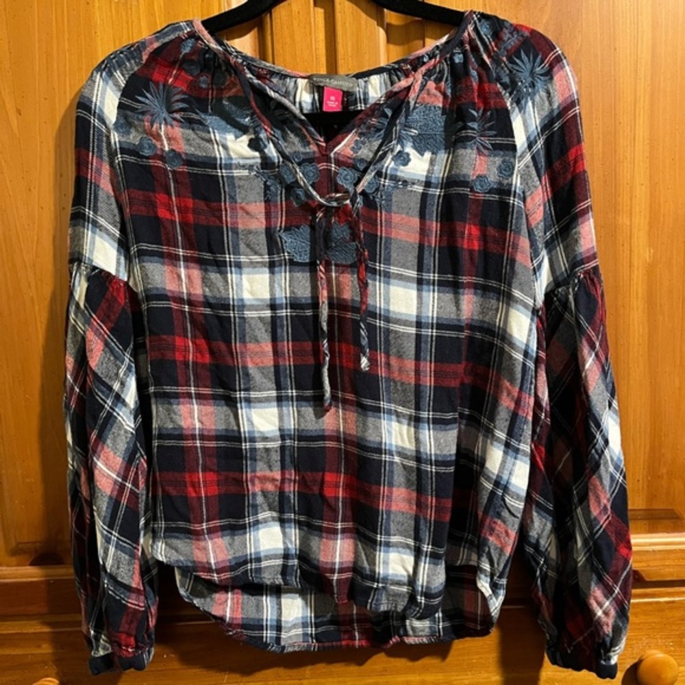 Red White and Blue Plaid Flannel Shirt w/ Bishop Sleeves and Floral Embroidery!!